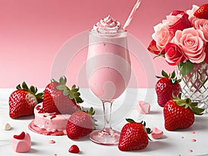 Delicious Rose Strawberry Smoothie Milkshake With Whipped Cream In Glass. Ai Generated