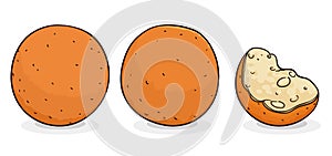 Delicious round fritter or bunuelos and one half bitten, Vector illustration