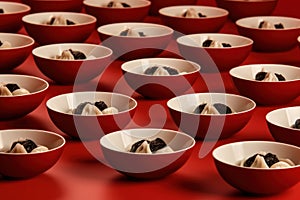 Delicious Rows of Dumplings and Bowls of Soy Sauce on Red Background AI Generated