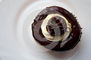 A delicious rum cake with chocolate and butter cream on a plate photo