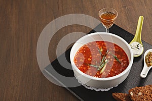 Delicious russian soup with snacks and drink