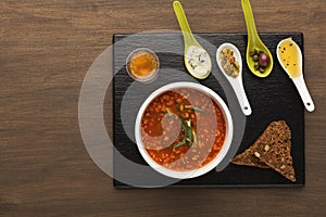 Delicious russian soup with snacks and drink