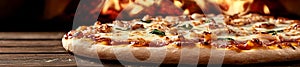 A delicious rustic pizza with cheese herbs and toppings in a traditional stone oven setting photo