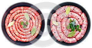 Delicious rustic raw  meat sausages in frying pan, with bay leaves and fresh herbs in the kitchen. Top view flat lay group objects