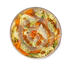 Delicious salad with Chinese cabbage and mustard seed dressing isolated on white, top view