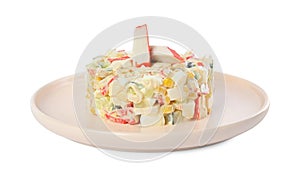 Delicious salad with crab sticks on white background