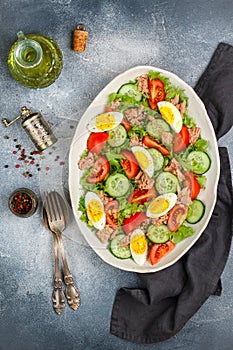 Delicious salad with tuna, fresh vegetables