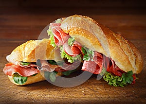 Delicious salami and ham baguettes