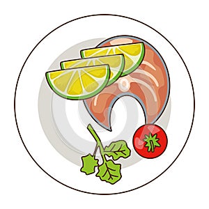 Delicious salmon meat with lemon and tomato fast food icon