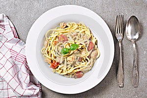 Delicious salmon pasta dish, tagliatelle or linguine noodles