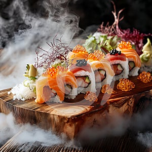 Delicious Salmon Sushi Rolls Platter with Smoked Effect and Garnish