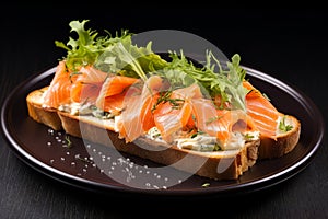 Delicious salmon toast topped with fresh arugula.