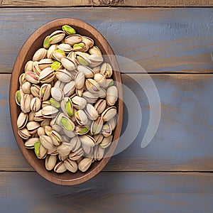 Delicious salted pistachio nuts showcased on rustic wooden background