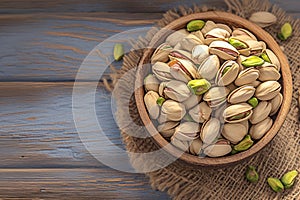 Delicious salted pistachio nuts showcased on rustic wooden background