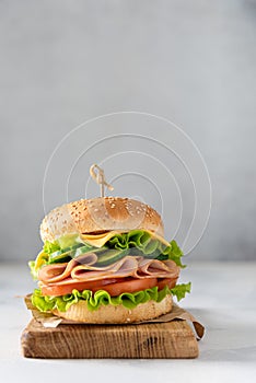 Delicious sandwich with fresh vegetables, cheese and ham on wooden board on gray background. Side view, copy space. Menu, recipe