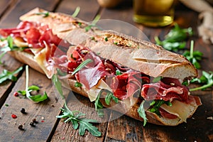 A delicious sandwich with layers of meat, cheese, and herbs is showcased on a rustic wooden table, Baguette sandwich with thin
