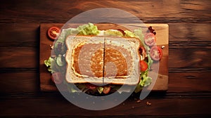 Delicious Sandwich On Wooden Board - Top View