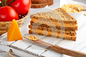 Delicious sandwiches with cheddar cheese  tomatoes and onions on wholewheat rye bread