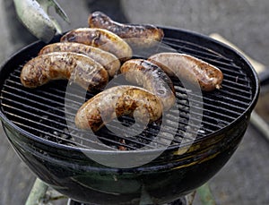 Delicious sausage on grill with spices and herbs