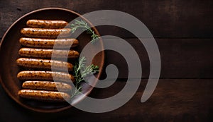 Delicious Sausage Links on a Rustic Wooden Table, Copy Space