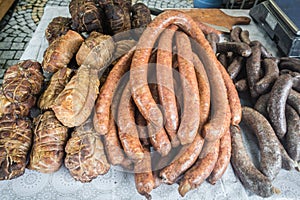 Delicious sausages on sale on a festival