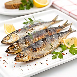 Tasty Grilled Sardines isolated on white background photo