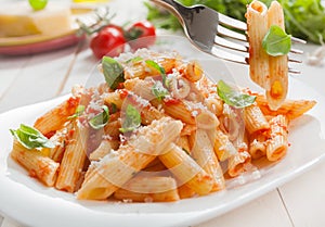 Delicious savory Italian penne rigate pasta photo