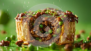 Delicious Savory Meat Pie with Green Peas Topping Close up on Vibrant Background, Gourmet Food Concept