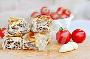 Delicious savory strudel stuffed with pork meat served on a wooden plate,with garlic and tomato cherry