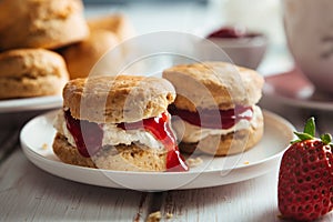 Delicious scones with clotted cream and strawberry jam for tea time