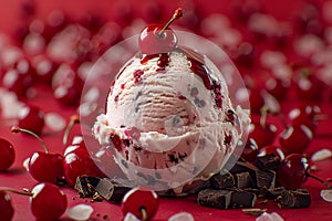 Delicious Scoop of Cherry Ice Cream with Fresh Berries and Chocolate Pieces on Red Background