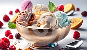 Delicious scoop of ice cream with tasty additives, scoop of vanilla ice cream, topping, chocolate chips
