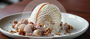 A delicious scoop of vanilla ice cream sits atop a bed of crunchy praline pecans. The ice cream is drizzled with a rich caramel
