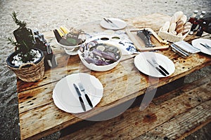 Delicious Sea Food Wooden Table Bench Shore Concept