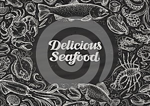 Delicious seafood. hand drawn food on chalkboard. template design menu restaurant, cafe