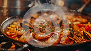 Delicious Seafood Paella in a Pan Close-Up