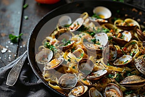 Delicious Seafood Pasta with Clams in a Pan