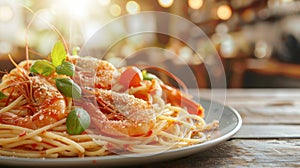 Delicious seafood pasta dish on blurry restaurant background with space for text