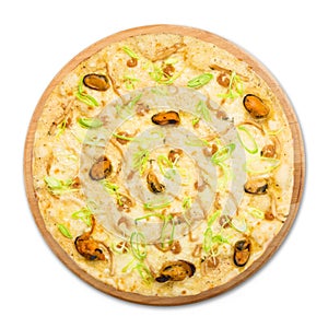 Delicious seafood pizza with olives