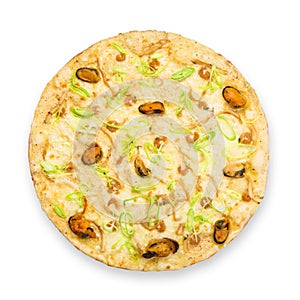 Delicious seafood pizza with olives