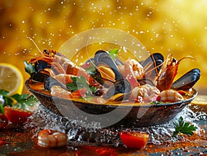 Delicious Seafood Platter with Lobster, Mussels, and Shrimp on a Festively Decorated Table with Lemon and Herbs