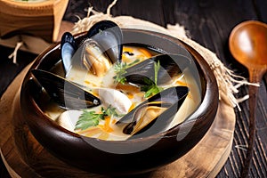 delicious seafood soup with mussels and crabmeat in shell