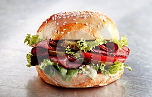 Delicious sesame bun with roast beef or pastrami