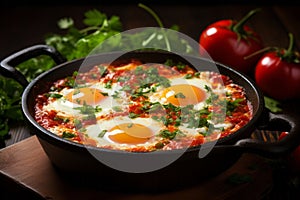 Delicious shakshuka with tomatoes in frying pen with greens closeup studio shot