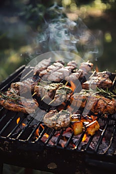 Delicious shashlik skewers with meat and vegetables on a charcoal grill outdoors