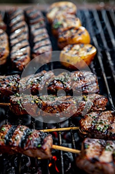 Delicious shashlik skewers with meat and vegetables on a charcoal grill outdoors