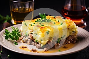 Delicious shepherds pie. Classic savory dish with minced meat and mashed potatoes