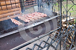 Delicious shish kebab on red meat skewers on the grill.