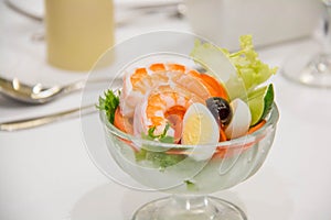 Delicious shrimp cocktail salad in glass
