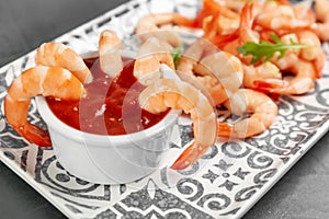 Delicious shrimp cocktail with sauce, closeup